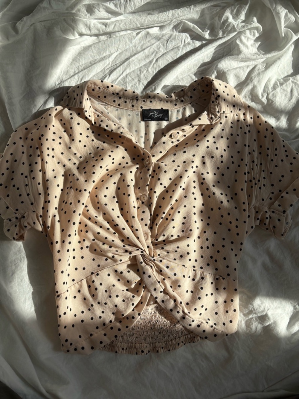 Polka Dot Tie-Front Crop Top in Beige